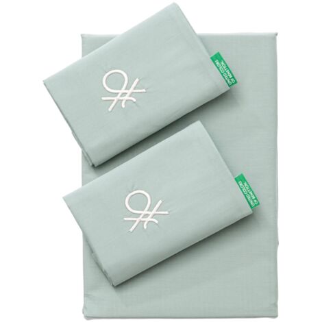BENETTON Lot de 4 pièces Drap Plat + Drap Housse 175x200 cm + 2 Taie d'oreiller 50x80 cm, coloris VERT - 100% COTON