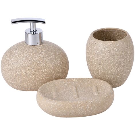 Benetton SET 3PC ACCESORIOS DE BAÑO (VASO + DISPENSADOR DE JABÓN + BOTE PARA ALGODONES + PLATO PARA JABÓN) CERÁMICA BEIGE TEVERE BE