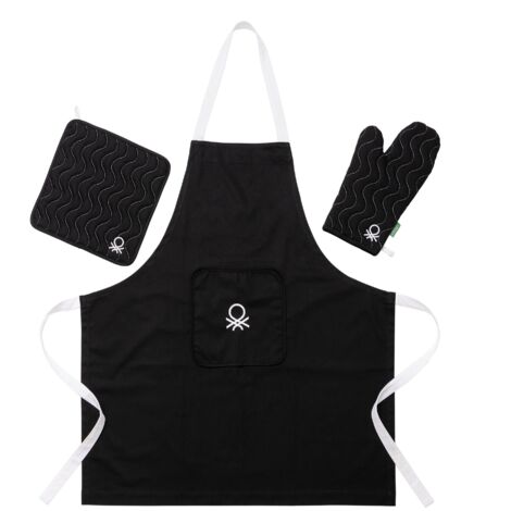 Benetton SET 3PC DELANTAL ( DELANTAL + MANOPLA + AGARRADOR) 75X85CM 100% ALGODÓN 190GSM  NEGRO BLACK & WHITE