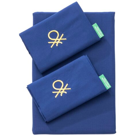 BENETTON Set de 4 piezas Sabana KING: Sabana Plana + Sabana Bajera + 2 Funda de Almohada de 50x85 cm, color AZÚL - 100% ALGODÓN