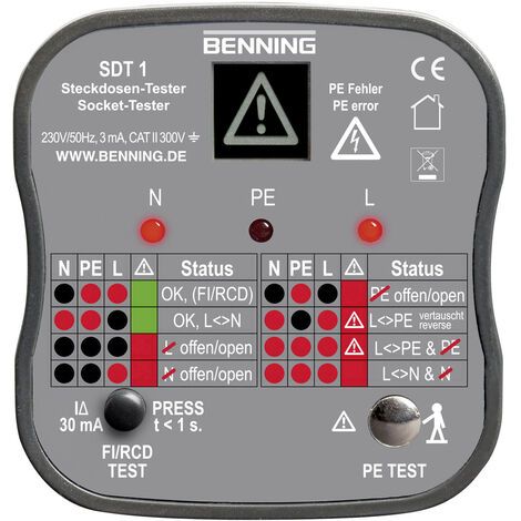 Benning SDT 1 Steckdosentester CAT III 300 V LED, LCD