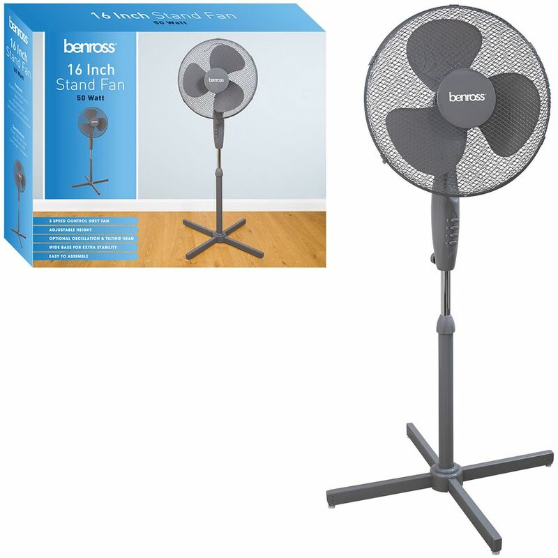 Benross - 43840 16 inch 3-Speed Stand Fan Oscillating and Tilting Head, 50W, Grey, 50 W