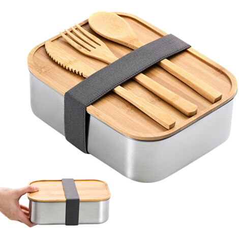 Bento-Box aus Edelstahl mit Holzdeckel und 3-teiligem Besteckset, für das Mittagessen von Erwachsenen und Kindern
