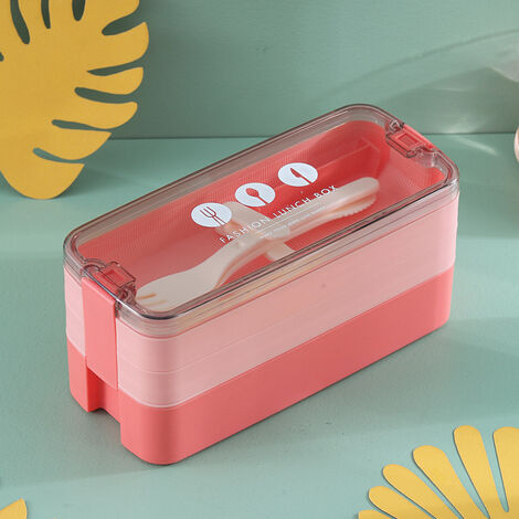 Bento Box Boîte à lunch en plastique à 3 couches Stockage des aliments Vaisselle au micro-ondes avec couteau à fourchette pour la maison, l'école, le bureau Rose MINKUROW