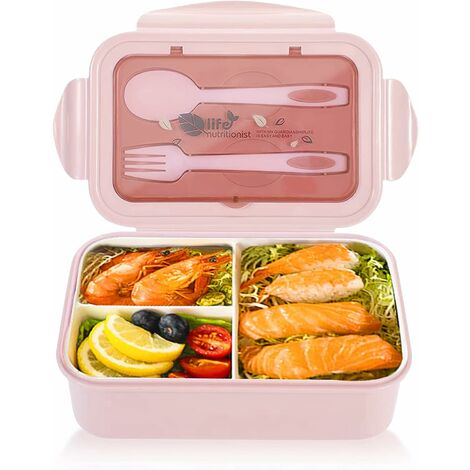 Bento Box-Food Grade PP5 Boîte Bento Boîte à lunch 1400 ml Boîte de pack avec grille et couverts à 3 compartiments （Pink）