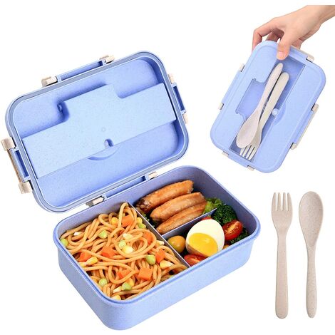 Bento-Box für Erwachsene/Kinder – Bento-Box mit 3 Fächern, umweltfreundliche Lunchbox aus Weizenstroh, auslaufsichere Lunchbox mit Löffel und Gabel