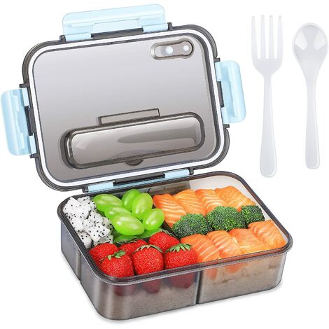 Bento-Box für Erwachsene und Kinder, Kunststoff-Lunchbox zum Mitnehmen und Aufbewahrungsbox für Lebensmittel, vielseitig im Bento-Stil mit 3 Fächern – 1500 ml – mit Löffel und Gabel – langlebig und au