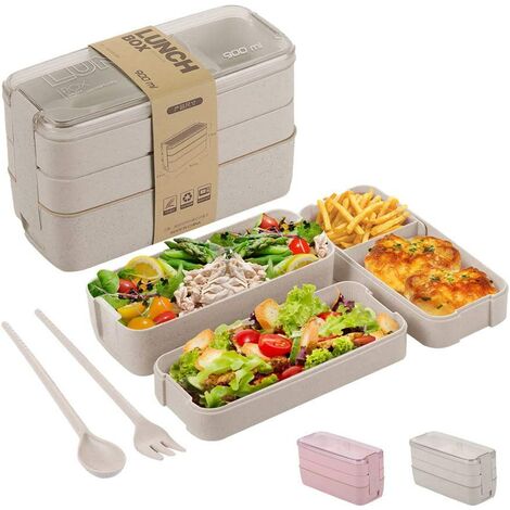 Bento-Box für Kinder und Erwachsene, 3-in-1-Behälter für die Zubereitung von Mahlzeiten, 900 ml japanische Lunchbox mit Fach, Weizenstroh, auslaufsicher, Löffel und Gabel, BPA-frei (Beige)