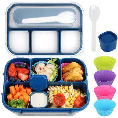 Bento Box per bambini, portapranzo per adulti, 4 scomparti a tenuta stagna con posate, salsa, snack (blu)