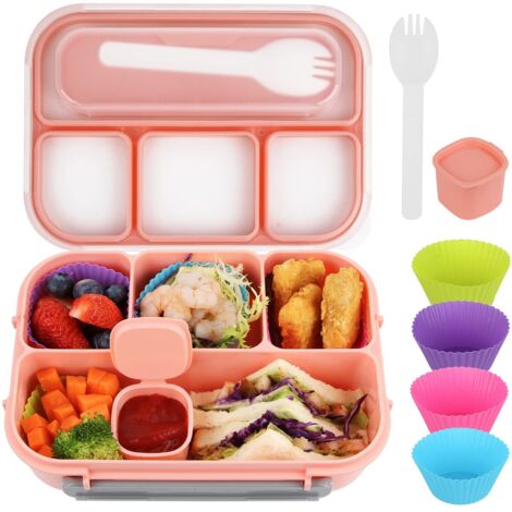 Bento Box per bambini, portapranzo per adulti, 4 scomparti a tenuta stagna con posate, salsa, snack (rosa)