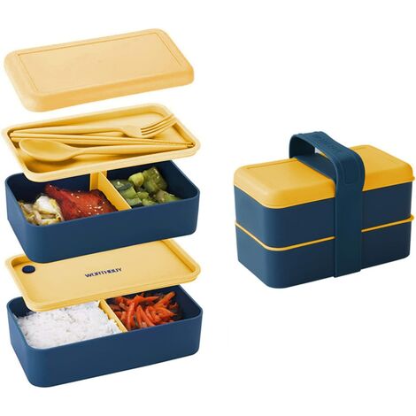 Bento Lunch Box, 1400ml Double Boite Repas Compartiment avec Couverts, Boîtes Bento Micro Onde, Boite Lunch avec 2 Divisions, Bento Box Pique Nique per Adulte e Enfant（Jaune）