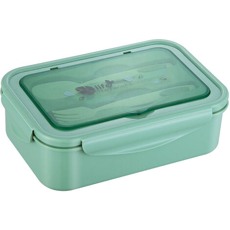 Bento Lunch Box avec ensemble de couverts 3 compartiments Conteneurs de stockage des aliments Préparation des repas Boîte à lunch Conteneurs de stockage des aliments en plastique, vert