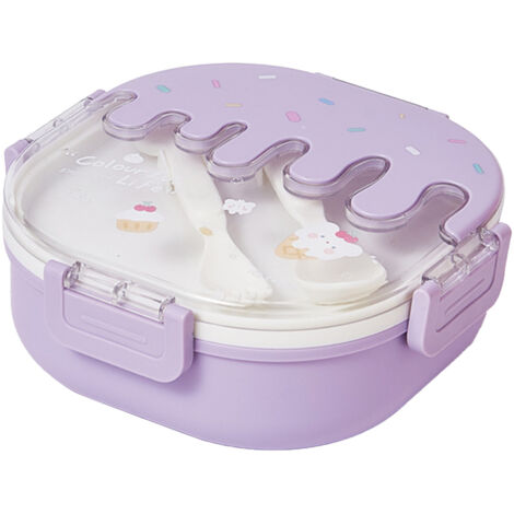 Bento Lunch Box for Kids Adults 3 Compartment Plastic Cute Ice Cream Lunch Snack Containers with Fork and Spoon for School Work Travel Purple