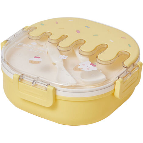 Bento Lunch Box for Kids Adults 3 Compartment Plastic Cute Ice Cream Lunch Snack Containers with Fork and Spoon for School Work Travel Yellow