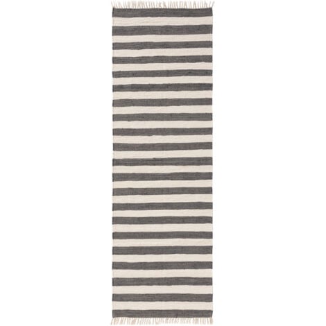 BENUTA Grau/Creme 70x200 cm - Handgewebter Wohnzimmer Teppich - 100% Recycelte Baumwolle - Für Fußbodenheizung geeignet