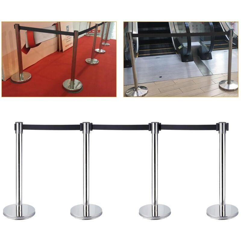 Senderpick - Lot de 4 poteaux de délimitation en acier inoxydable - Système de guidage des personnes - Sangle en acier inoxydable - Avec 4 sangles