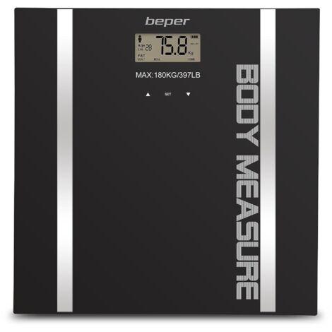 BEPER 40.808A Bilancia Pesapersone Impedenziometrica, Pesa Massa Corporea e percentuale liquidi, 10 Memorie, Display LCD, Superficie in vetro temperato, Nera, 4 x 33 x 33 cm