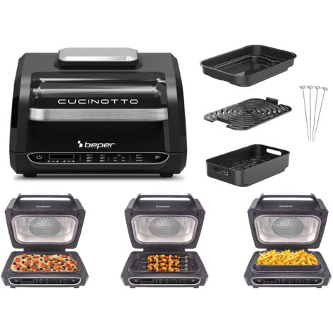 BEPER P101FRI080 CUCINOTTO Grill e Friggitrice ad Aria Multifunzione con 8 Programmi - Friggitrice ad Aria, Barbecue, Forno, Piastra Cucina ed Essiccatore + Accessori Inclusi