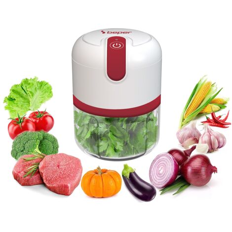 BEPER P102ROB050 Tritatutto ricaricabile USB, Mini Robot da Cucina, Capacità 250 ml, Potenza 3,7V,3 Lame Acciaio Inossidabile, Batteria ricaricabile, Rosso/Bianco