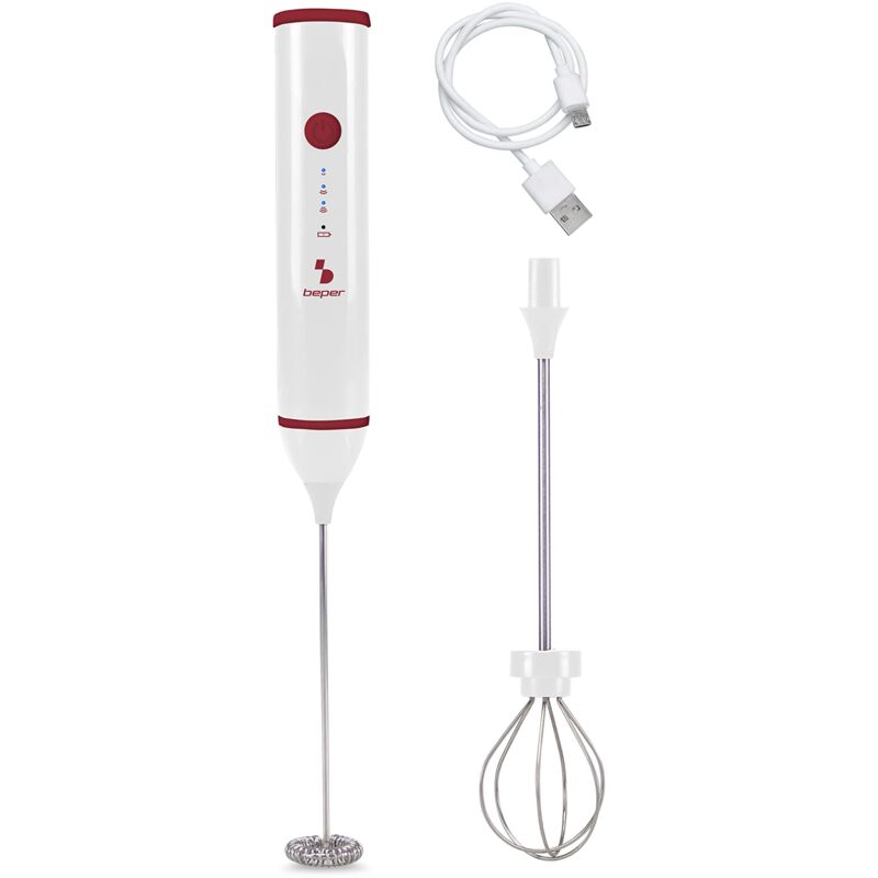 Image of BEPER P102SBA008 Montalatte Elettrico Ricaricabile USB - Monta Latte per Cappuccino Elettrico con Frusta Montapanna Inclusa, Rosso/Bianco