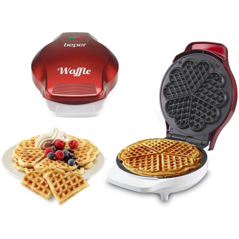 Beper - Piastra per Waffle, Cialdiera, 5 Waffle Alla Volta, Piastra Antiaderente 18cm, 800-100W - Rosso/Bianco