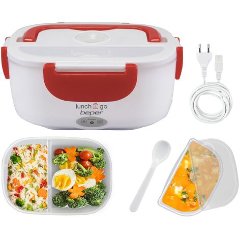 BEPER - Scaldavivande Elettrico Portatile, 2 Contenitori Removibili, Piastra Riscaldante in Acciaio, Posate di Plastica in Dotazione, 220V - Rosso