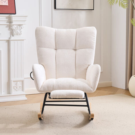 Bequemer Schaukelstuhl mit Fußstützen, ergonomischer Entspannungssessel, Weiß