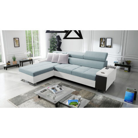 Bequemes Ecksofa mit Schlaffunktion MORENA I MAXI Kunstleder/Sawana Weiß/Blaugrau Links