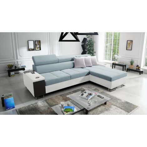 Bequemes Ecksofa mit Schlaffunktion MORENA I MAXI Kunstleder/Sawana Weiß/Blaugrau Rechts