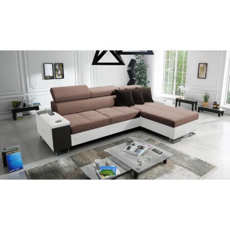 Bequemes Ecksofa mit Schlaffunktion MORENA I MAXI Kunstleder/Sawana Weiß/Braun Rechts