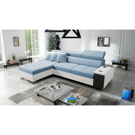 Bequemes Ecksofa mit Schlaffunktion MORENA I MAXI Kunstleder/Uttario Velvet Weiß/Blau Links