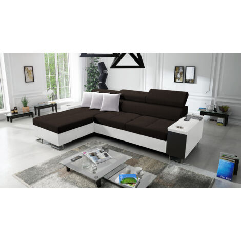 Bequemes Ecksofa mit Schlaffunktion MORENA I MINI Kunstleder/Sawana Weiß/Dunkelbraun Links