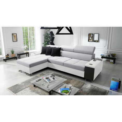 Bequemes Ecksofa mit Schlaffunktion MORENA I MINI Kunstleder/Sawana Weiß/Hellgrau Links