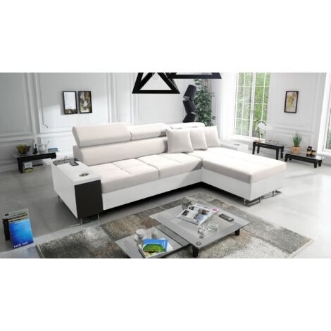 Bequemes Ecksofa mit Schlaffunktion MORENA I MINI Kunstleder/Uttario Velvet Weiß/Ecru Rechts