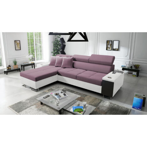 Bequemes Ecksofa mit Schlaffunktion MORENA I MINI Kunstleder/Uttario Velvet Weiß/Violett Links