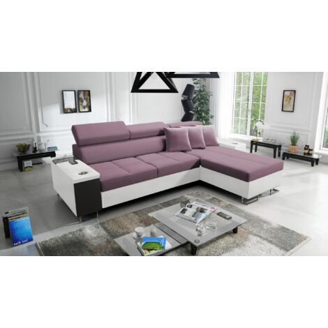 Bequemes Ecksofa mit Schlaffunktion MORENA I MINI Kunstleder/Uttario Velvet Weiß/Violett Rechts