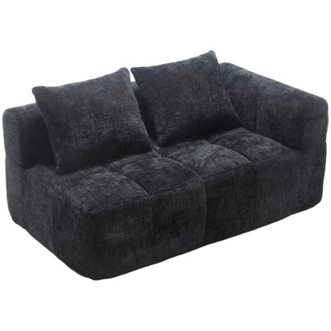 Bequemes Sofa für 2 Personen, kein Zusammenbau erforderlich, flauschiges Sofa mit einem Kissen, Seitentaschen für Fernbedienung und Handy, ordentlich und stilvoll, Schwarz