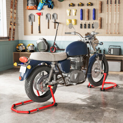 Béquille Moto. Capacité 390 kg. Support Avant et Arrière Réglable avec Fourches U+L. Clips de Serrage. 43x36x64cm. Rouge