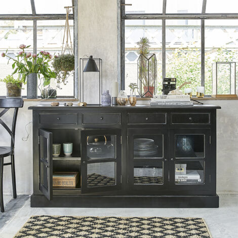 Berah Getah – Buffet en acajou massif 160 cm – 4 tiroirs et 4 portes vitrées – Hauteur 85 cm – Profondeur 45 cm – Collection Soho