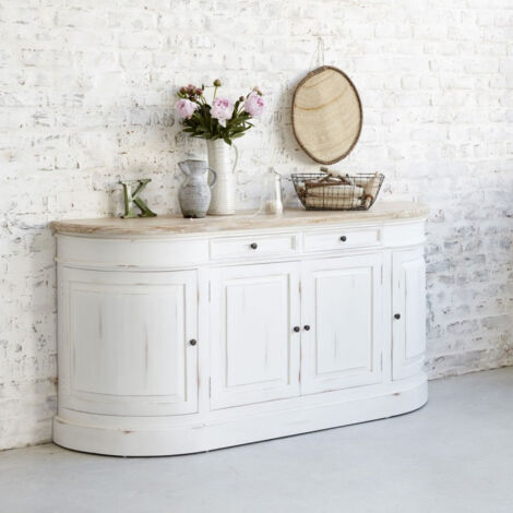 Berah Getah – Buffet en acajou massif et teck 180 cm – Style romantique avec finition blanchie – 4 placards et 2 tiroirs pour rangement optimal