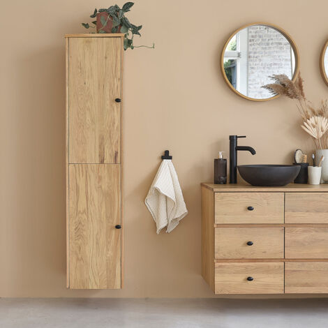 Berah Getah – Colonne de salle de bain en chêne massif – 150 cm de hauteur – 35 cm de largeur – 2 portes – 4 étagères amovibles – Finition naturelle