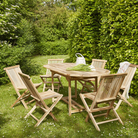 Berah Getah – Ensemble table ovale et chaises pliantes en teck brut 6 places – Rallonge papillon 50 cm – Résistant aux intempéries – Montage facile
