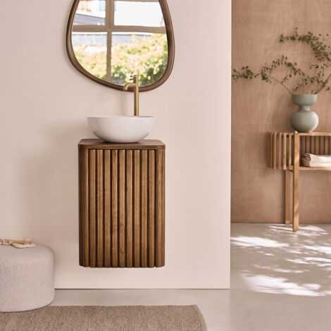 Berah Getah – Lave main suspendu en mindi massif 40 cm – Hauteur 56 cm – Finition noyer – Montage livré monté – Pour petites salles de bain