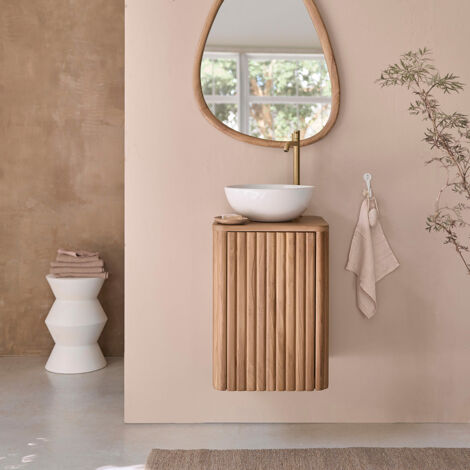 Berah Getah – Lave main suspendu en teck massif 40 cm – Dimensions 40x40 cm – Hauteur 56 cm – Meuble monté pour salle de bain moderne