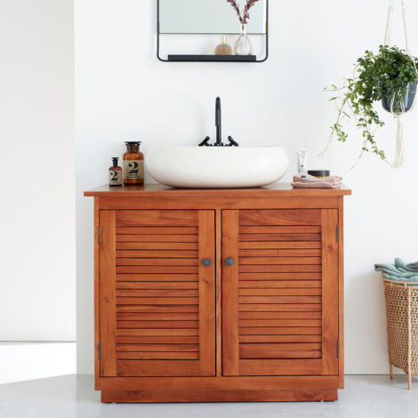 Berah Getah – Meuble sous vasque en acajou massif 97 cm – 2 portes avec étagères – Ouverture arrière pour robinetterie – Style colonial NEWPORT