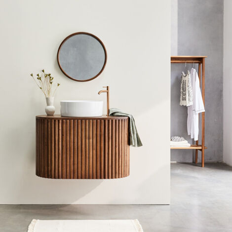 Berah Getah – Meuble sous vasque en mindi massif 90 cm – Finition noyer – Dimensions 90x50x56 cm – Pour salle de bain moderne et exotique
