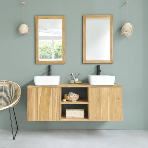 Berah Getah – Meuble sous vasque en teck brut 135 cm – Hauteur 50 cm – Traitement anti humidité – Pour vasques en marbre ou pierre naturelle