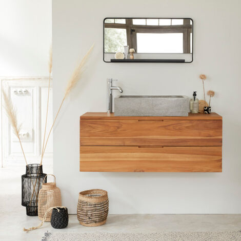 Berah Getah – Meuble sous vasque en teck massif 115 cm – 2 tiroirs – Anti humidité – Style naturel pour salle de bain moderne