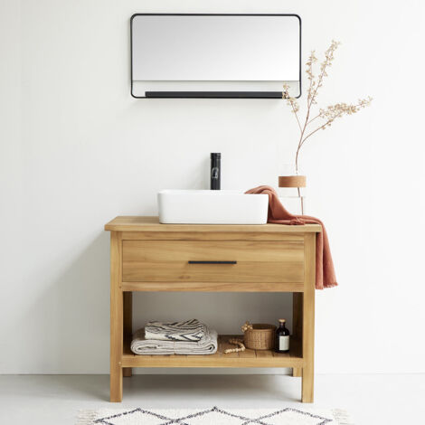 Berah Getah – Meuble sous vasque en teck massif 90 cm – Hauteur 75 cm – Profondeur 50 cm – Poignée noire – Livré monté
