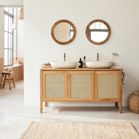 Berah Getah – Meuble sous vasque en teck massif – Longueur 145 cm – Hauteur 79 cm – Cannage élégant – Entretien facile et durable